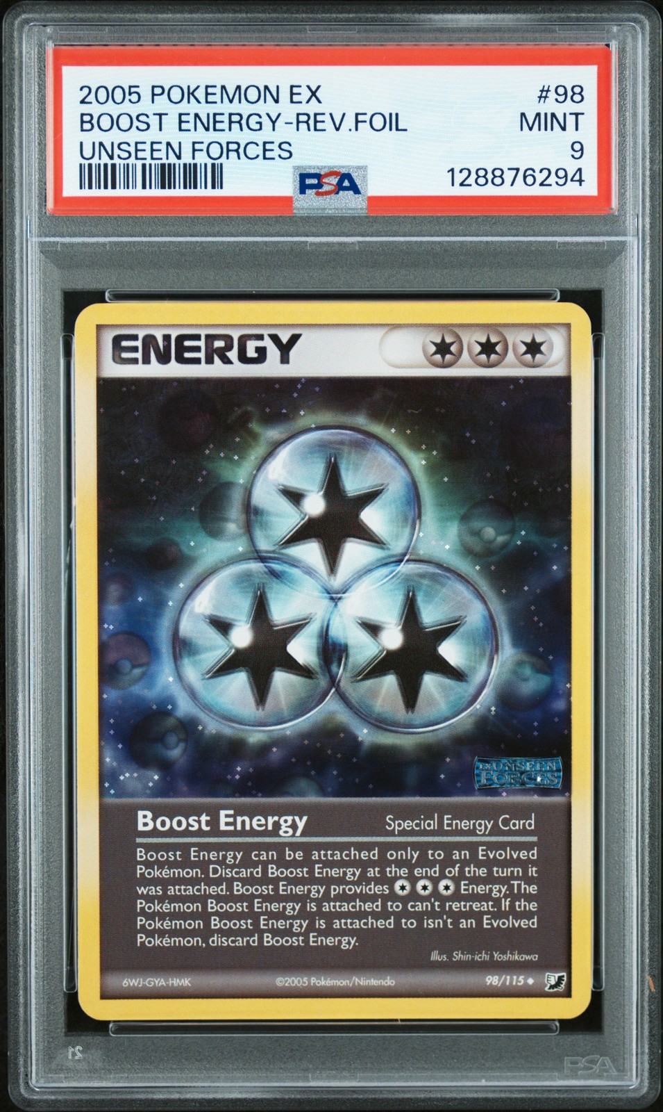 2005 POKEMON EX UNSEEN FORCES #98 BOOST ENERGY-REVERSE FOIL PSA 9 - Image 1