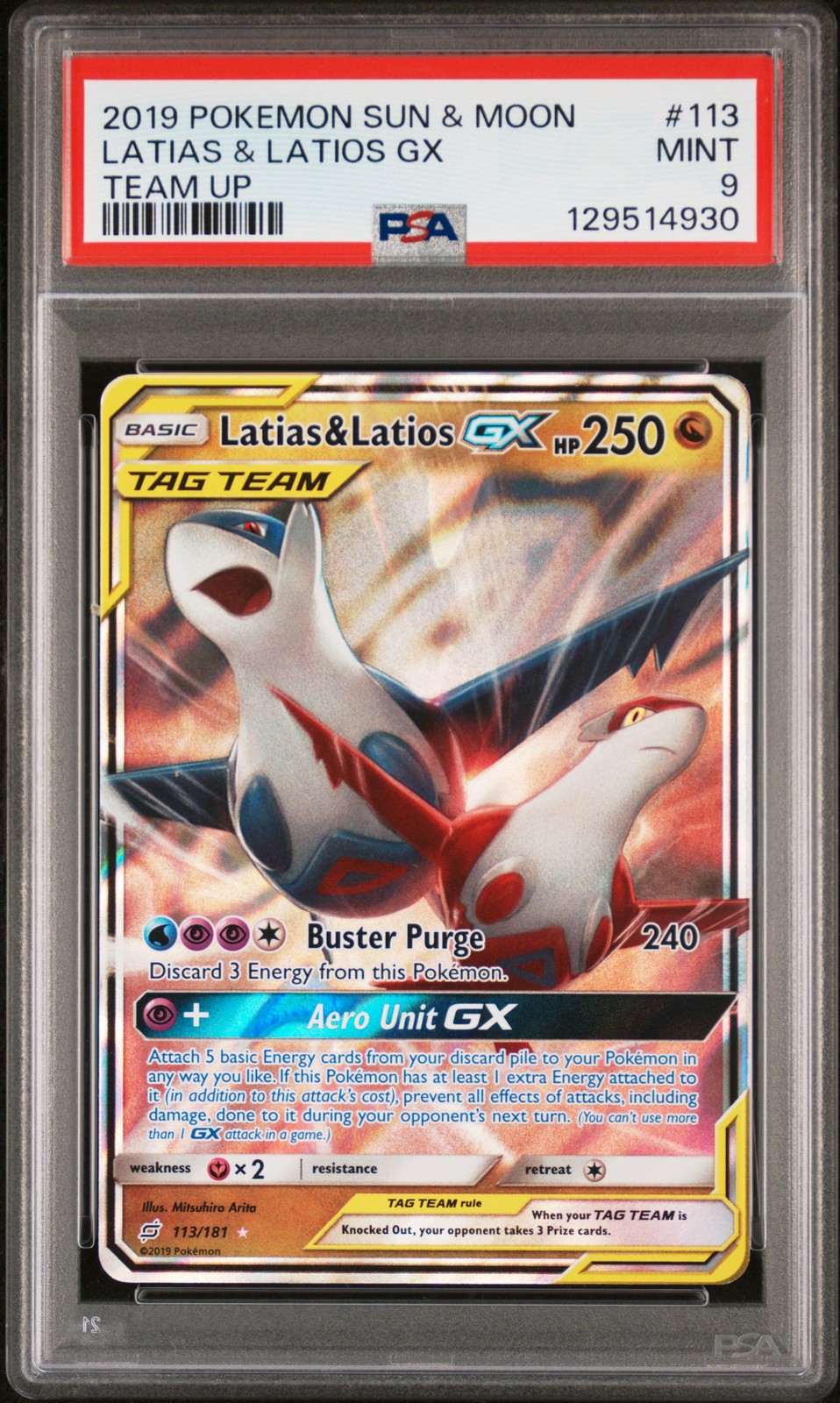2019 POKEMON SUN & MOON TEAM UP #113 LATIAS & LATIOS GX PSA 9 - Image 1