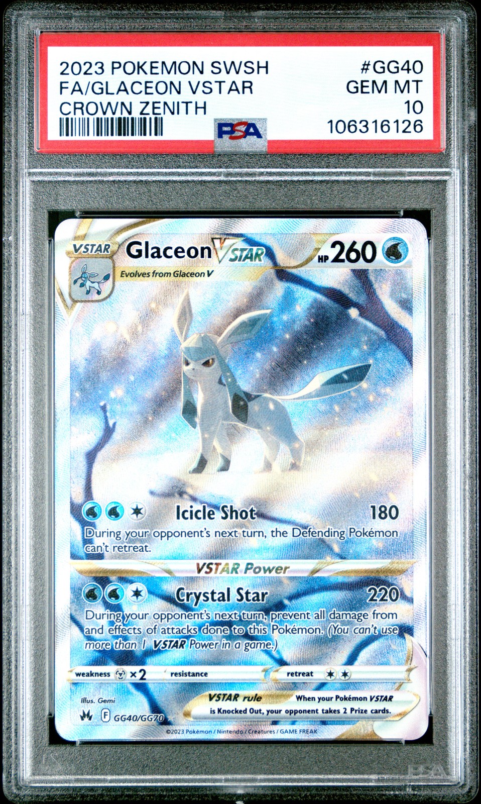 2023 POKEMON SWORD & SHIELD CROWN ZENITH #GG40 FULL ART/GLACEON VSTAR PSA 10 - Image 1