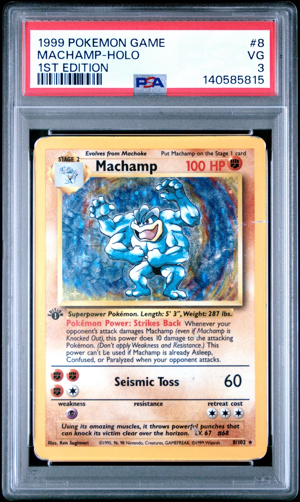 1999 POKEMON GAME 1ST ED #8 MACHAMP-HOLO PSA 3 - Image 1