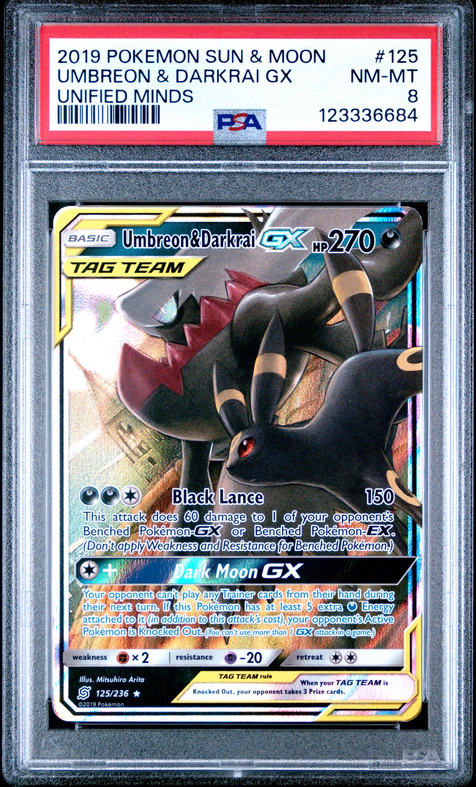 2019 POKEMON SUN & MOON UNIFIED MINDS #125 UMBREON & DARKRAI GX PSA 8 - Image 1