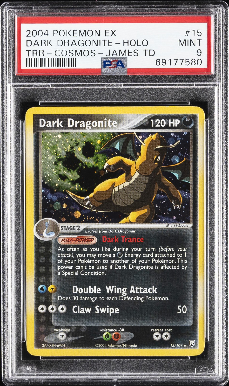 2004 POKEMON EX TEAM ROCKET RETURNS #15 DARK DRAGONITE-HOLO PSA 9 - Image 1