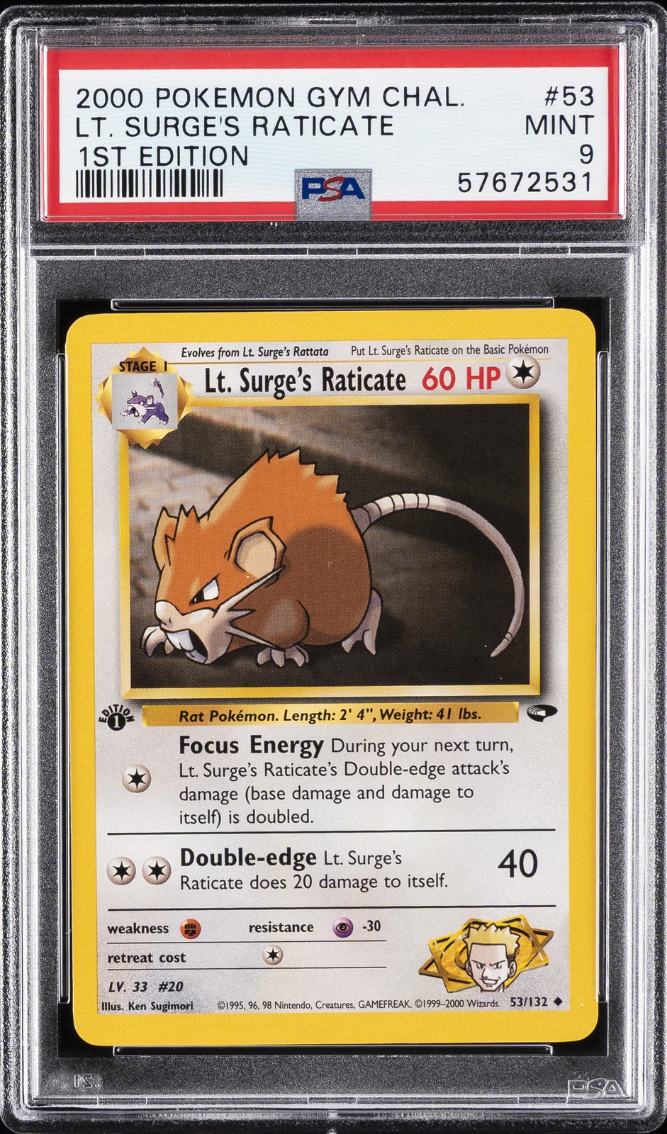 2000 POKEMON GYM CHALLENGE 1ST ED #53 LT. SURGE'S RATICATE PSA 9