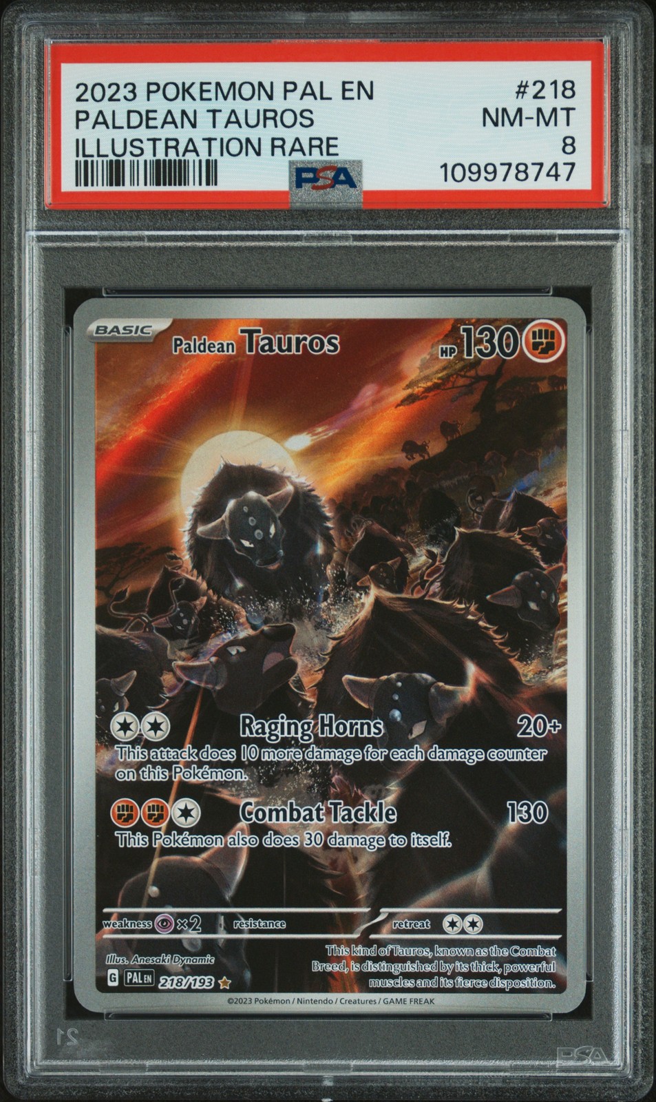 2023 POKEMON PAL EN-PALDEA EVOLVED ILLUSTRATION RARE #218 PALDEAN TAUROS PSA 8 - Image 1
