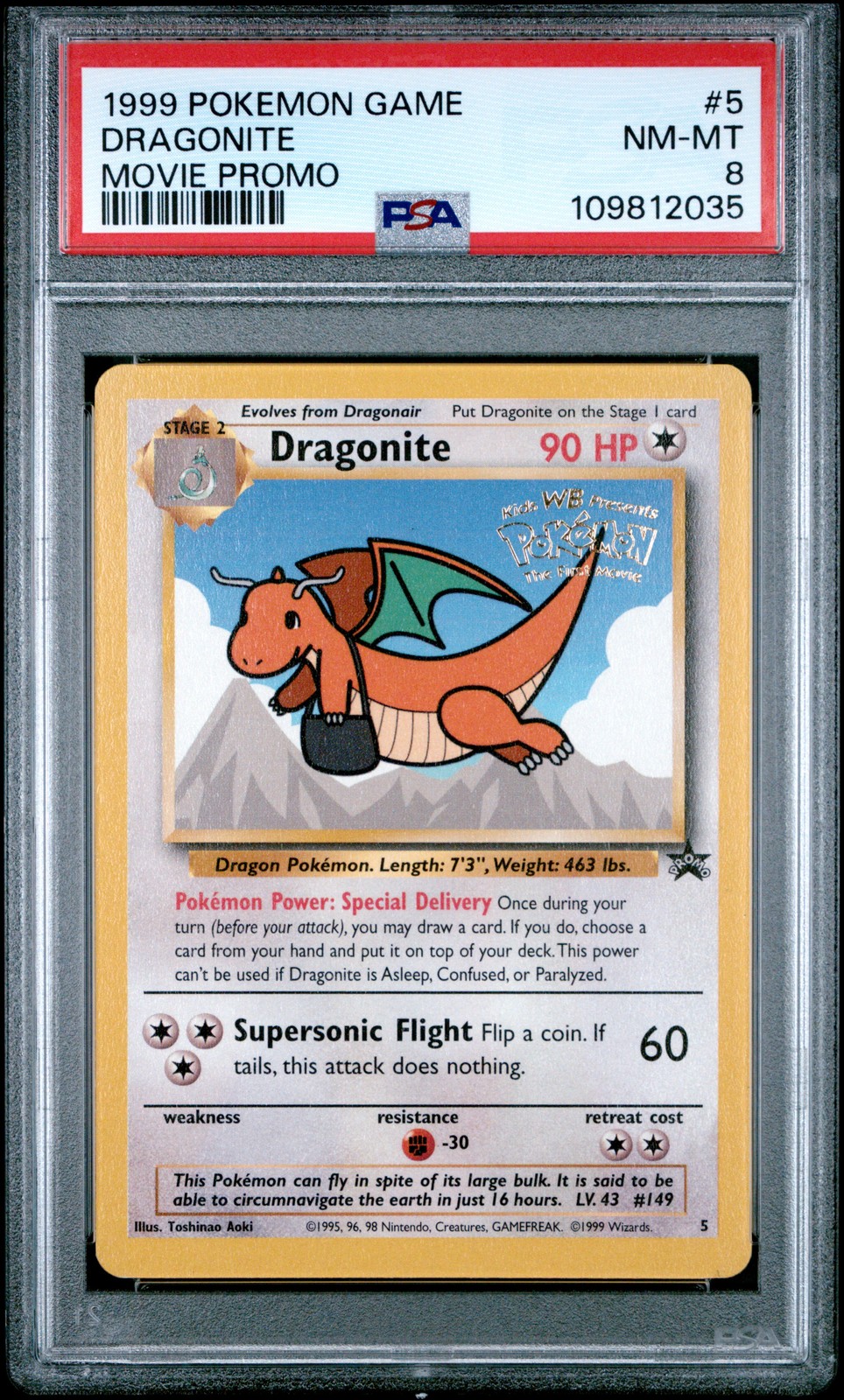 1999 POKEMON GAME MOVIE MOVIE PROMO #5 DRAGONITE PSA 8 - Image 1