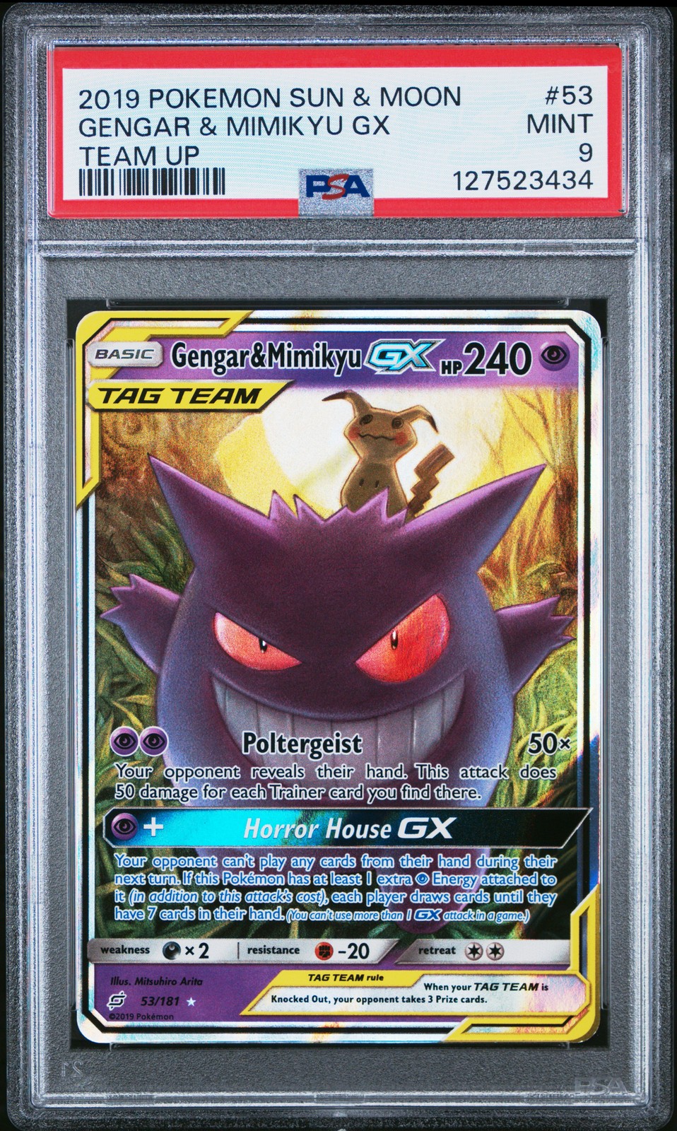2019 POKEMON SUN & MOON TEAM UP #53 GENGAR & MIMIKYU GX PSA 9 - Image 1