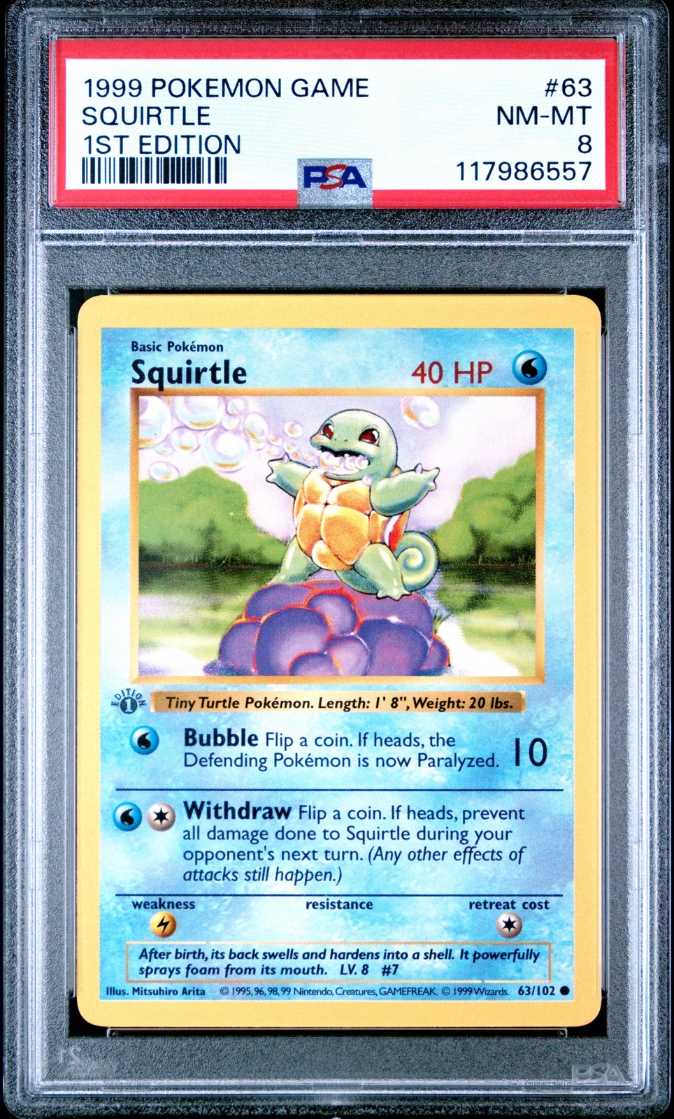 1999 POKEMON GAME 1ST ED #63 SQUIRTLE PSA 8 - Image 1