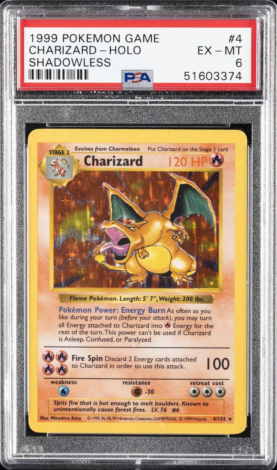 1999 POKEMON GAME SHADOWLESS #4 CHARIZARD-HOLO PSA 6 - Image 1