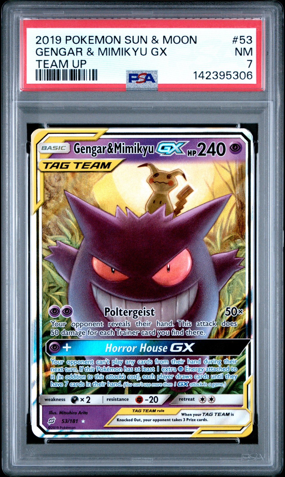 2019 POKEMON SUN & MOON TEAM UP #53 GENGAR & MIMIKYU GX PSA 7