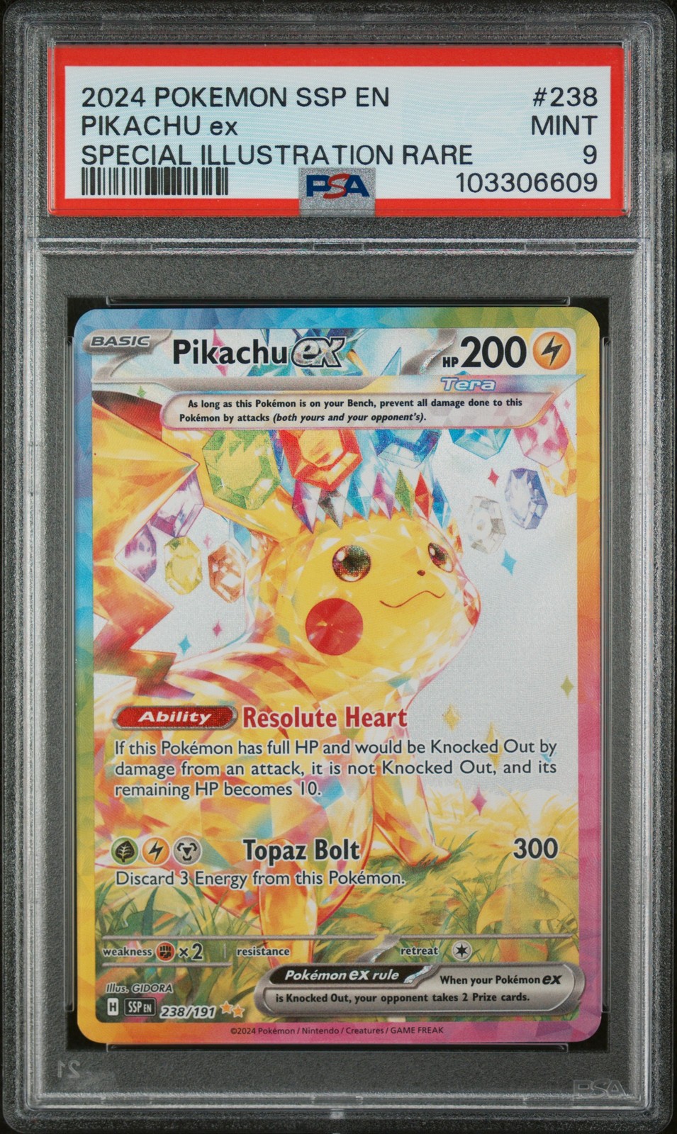 2024 POKEMON SSP EN-SURGING SPARKS SPECIAL ILLUSTRATION RARE PIKACHU EX PSA 9 - Image 1