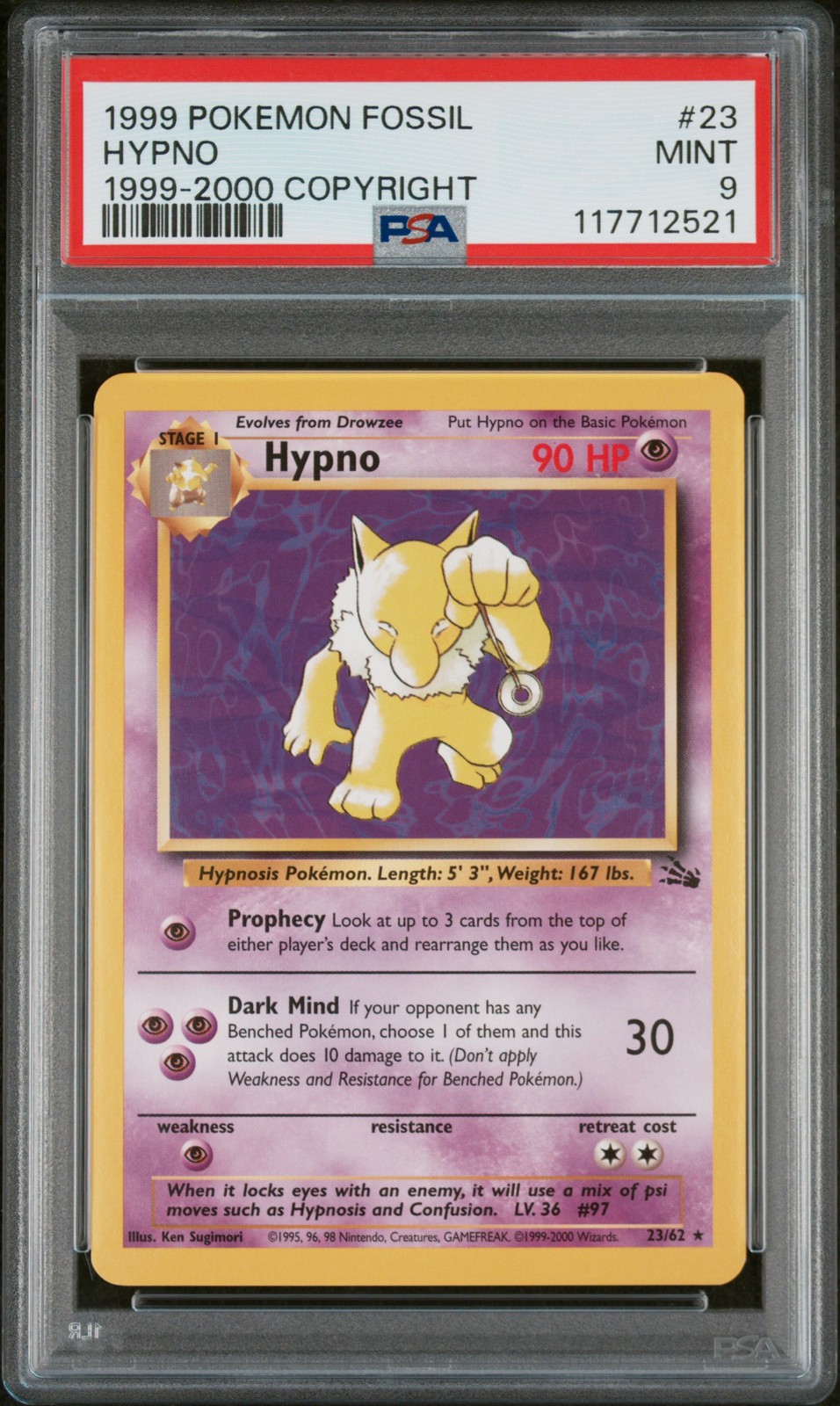 1999 POKEMON FOSSIL 1999-2000 COPYRIGHT #23 HYPNO PSA 9 - Image 1