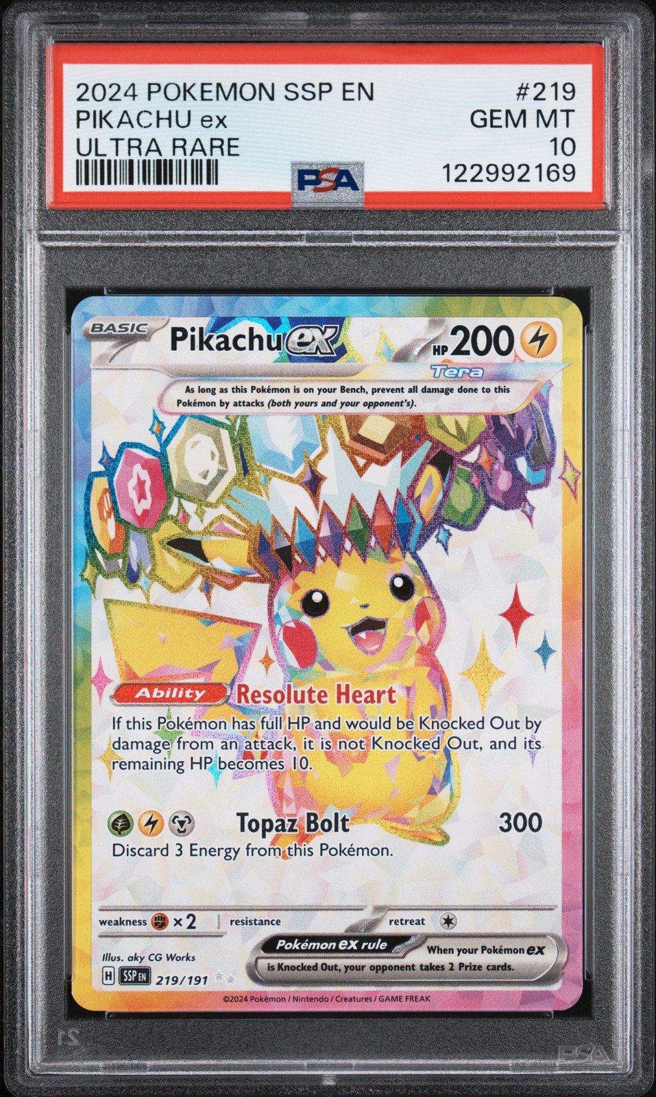 2024 POKEMON SSP EN-SURGING SPARKS ULTRA RARE #219 PIKACHU EX PSA 10 - Image 1