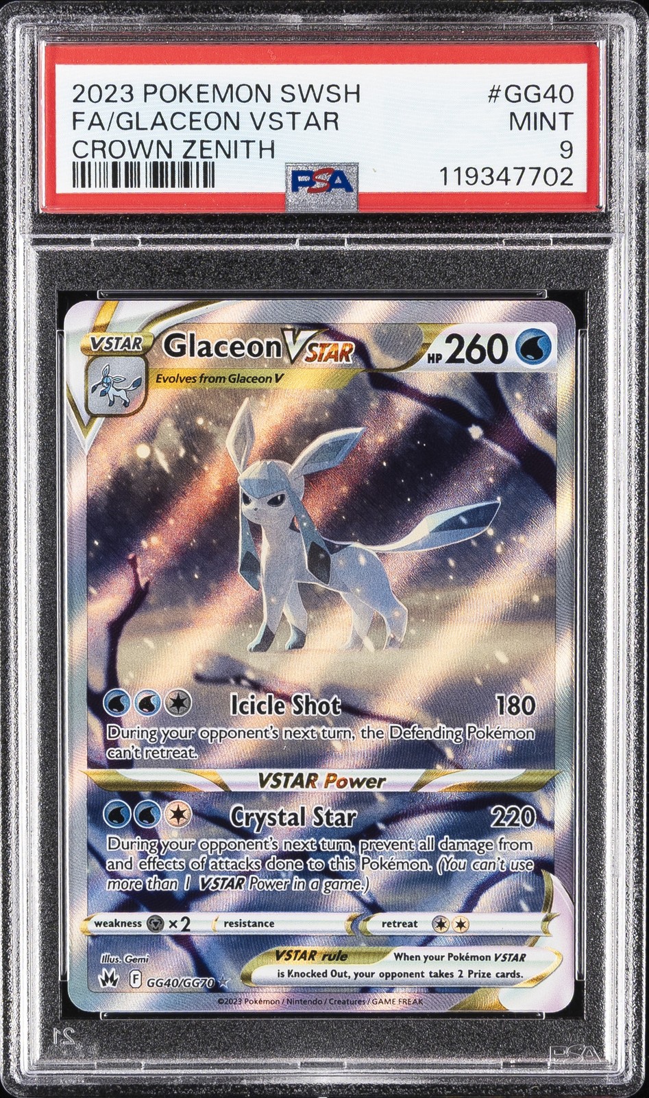 2023 POKEMON SWORD & SHIELD CROWN ZENITH #GG40 FULL ART/GLACEON VSTAR PSA 9 - Image 1