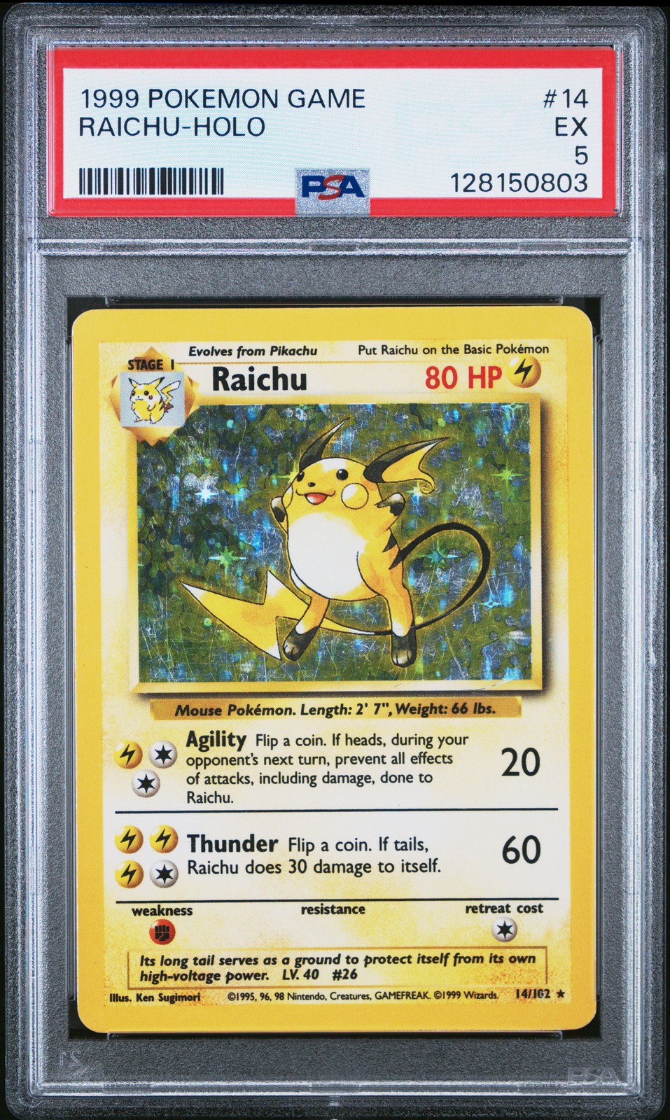 1999 POKEMON GAME #14 RAICHU-HOLO PSA 5 - Image 1