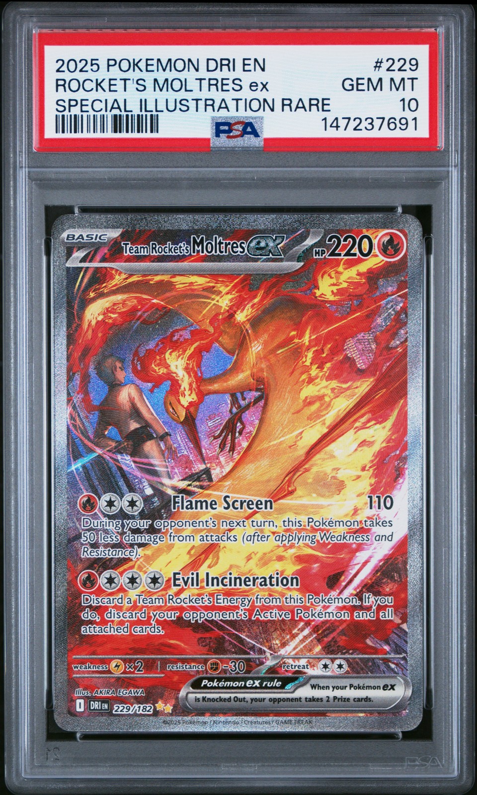 2025 POKEMON DRI EN-DESTINED RIVALS #229 TEAM ROCKET'S MOLTRES EX PSA 10 - Image 1
