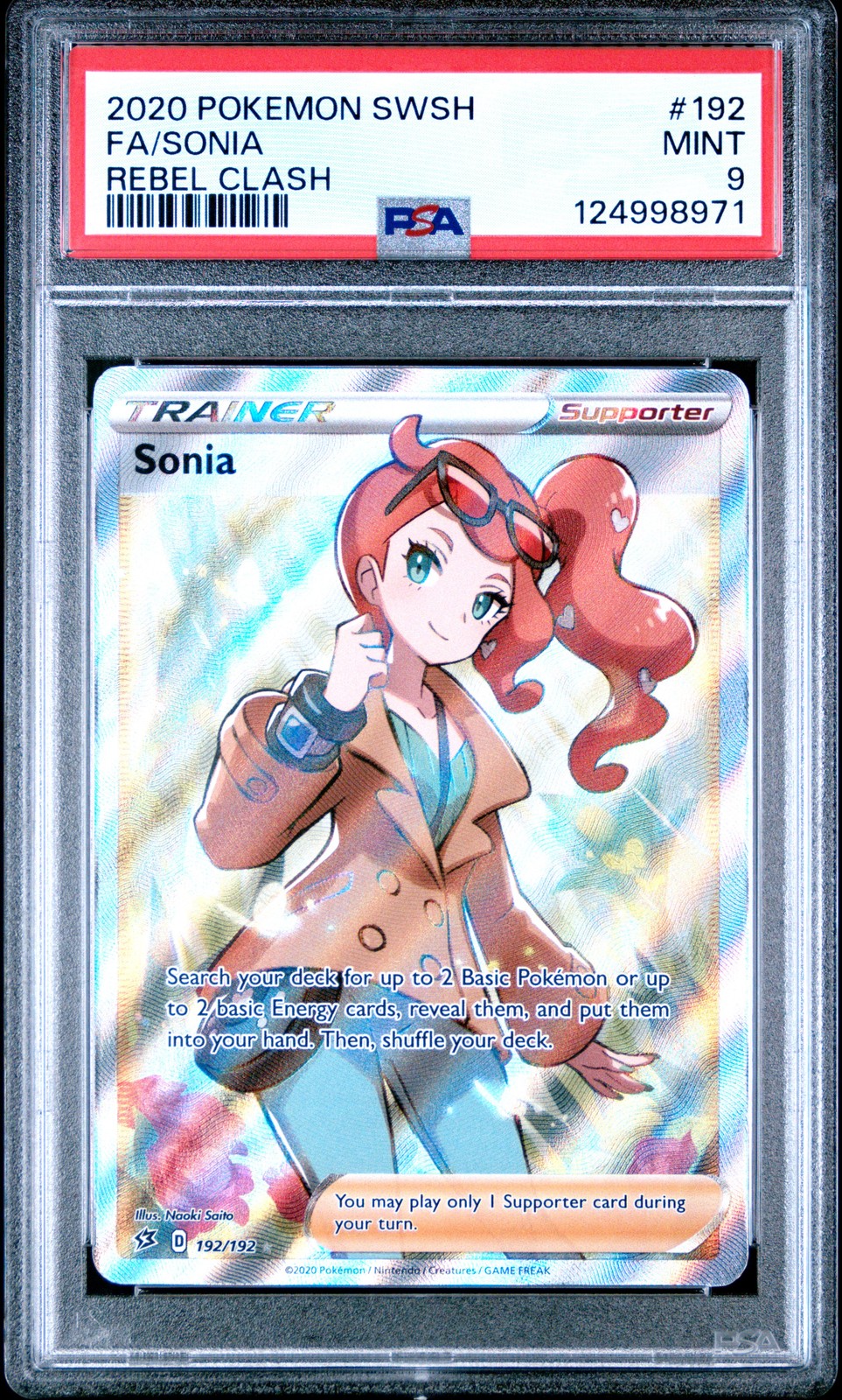 2020 POKEMON SWORD & SHIELD REBEL CLASH #192 FULL ART/SONIA PSA 9 - Image 1