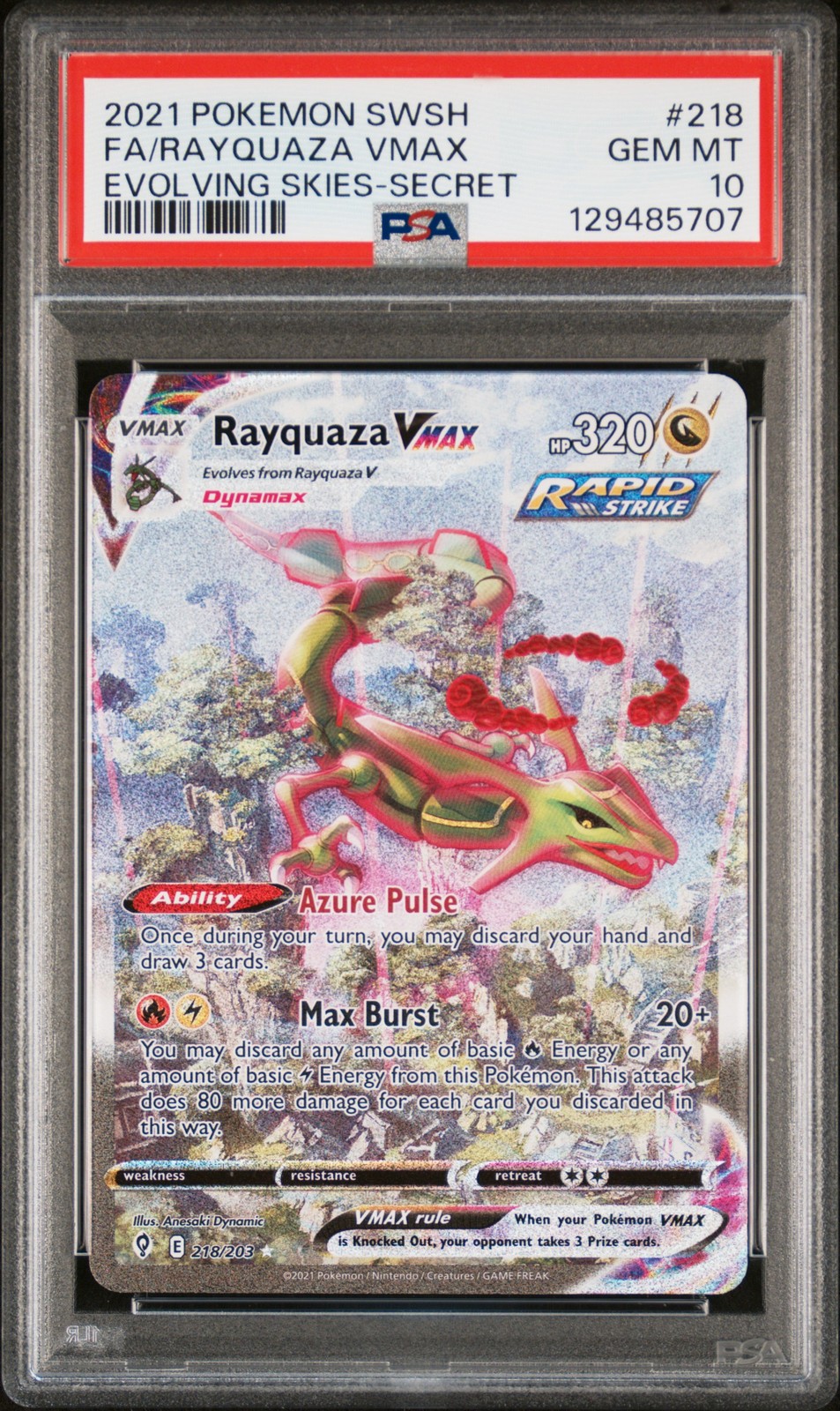 2021 POKEMON SWORD & SHIELD EVOLVING SKIES SECRET FULL ART/RAYQUAZA VMAX PSA 10 - Image 1