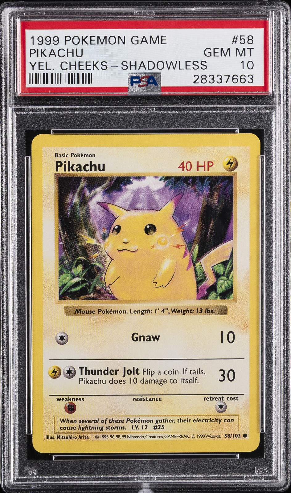1999 POKEMON GAME YELLOW CHEEKS-SHADOWLESS #58 PIKACHU PSA 10 - Image 1