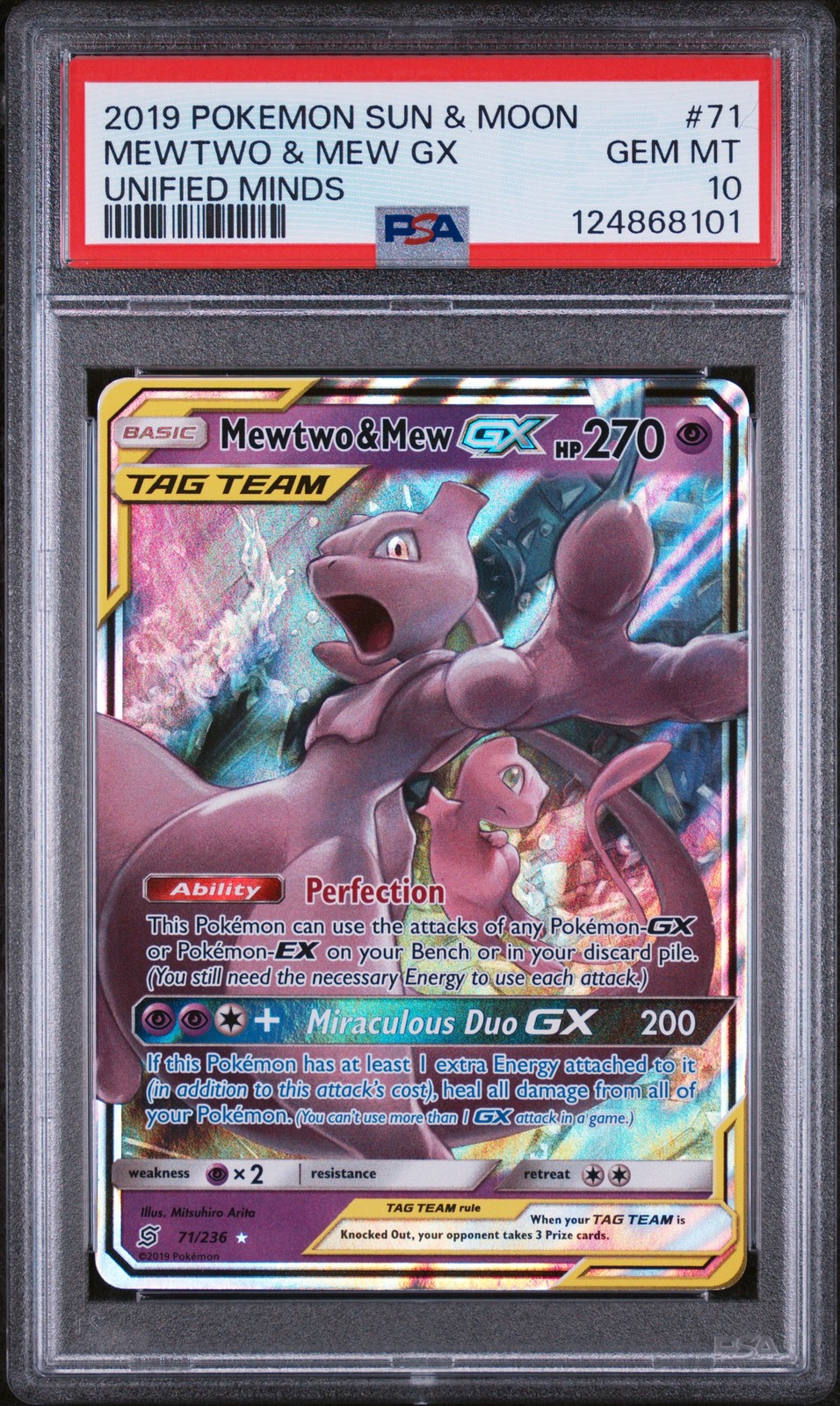 2019 POKEMON SUN & MOON UNIFIED MINDS #71 MEWTWO & MEW GX PSA 10 - Image 1