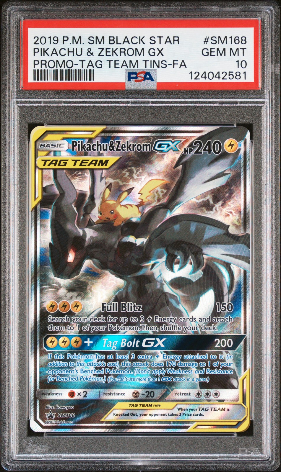 2019 POKEMON SM BLACK STAR PROMO #SM168 FULL ART/PIKACHU & ZEKROM GX PSA 10 - Image 1