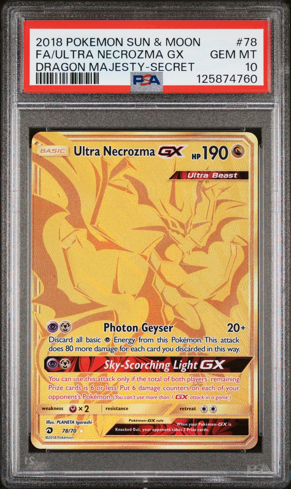 2018 POKEMON SUN & MOON DRAGON MAJESTY SECRET FULL ART/ULTRA NECROZMA GX PSA 10 - Image 1