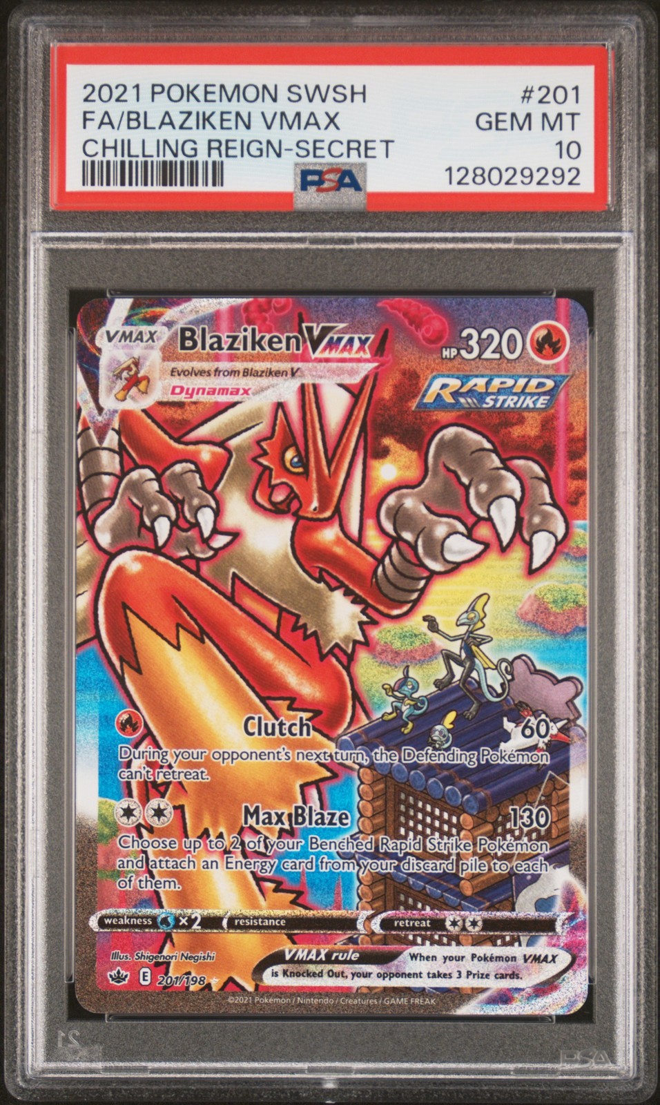 2021 POKEMON SWORD & SHIELD CHILLING REIGN SECRET FULL ART/BLAZIKEN VMAX PSA 10 - Image 1