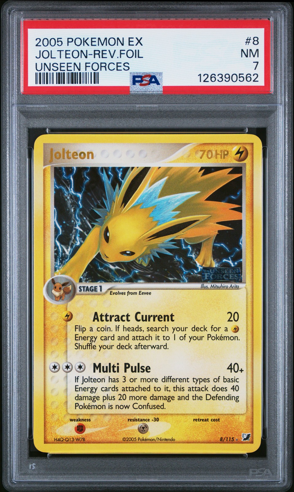 2005 POKEMON EX UNSEEN FORCES #8 JOLTEON-REVERSE FOIL PSA 7 - Image 1