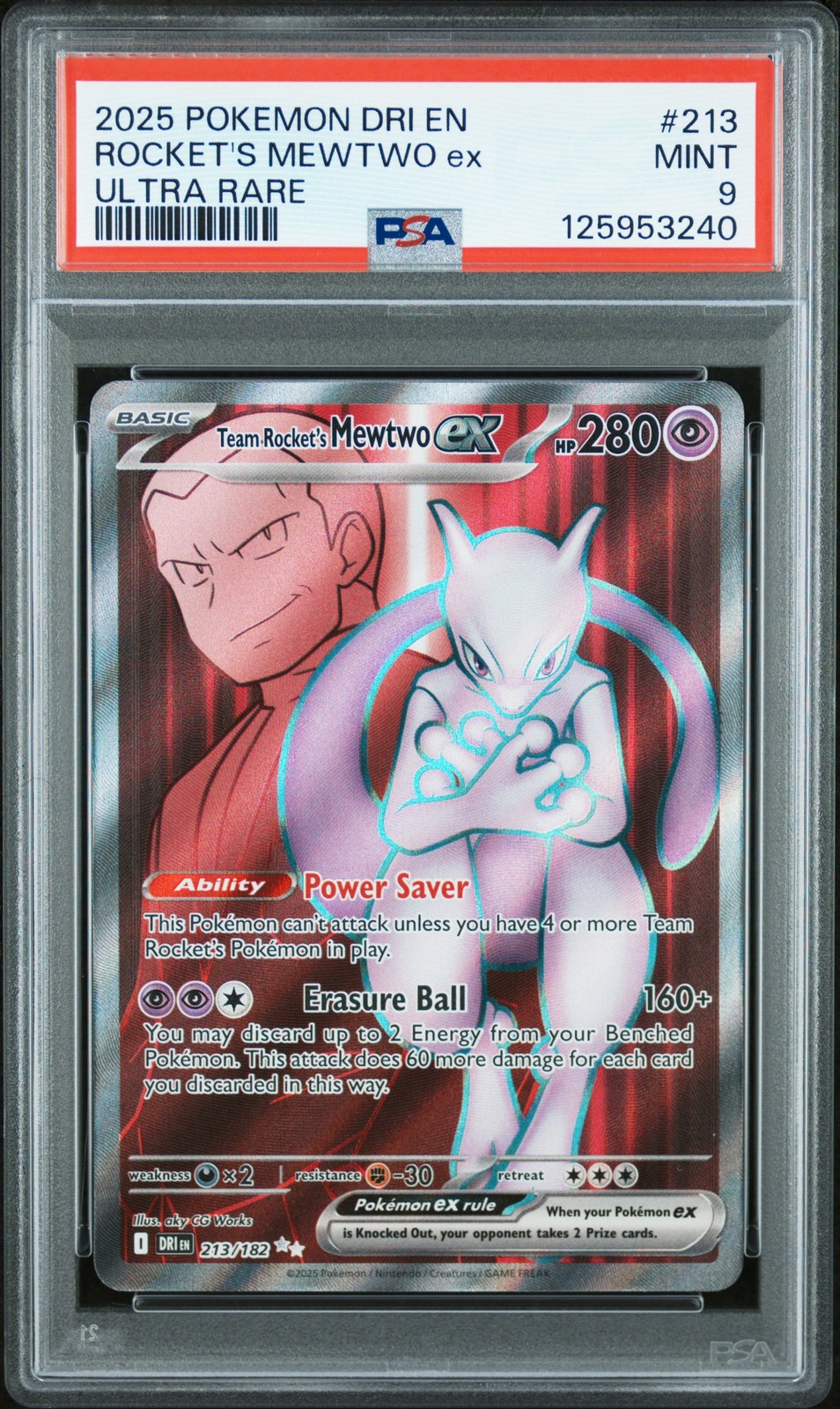 2025 POKEMON DRI EN-DESTINED RIVALS ULTRA RARE TEAM ROCKET'S MEWTWO EX PSA 9 - Image 1