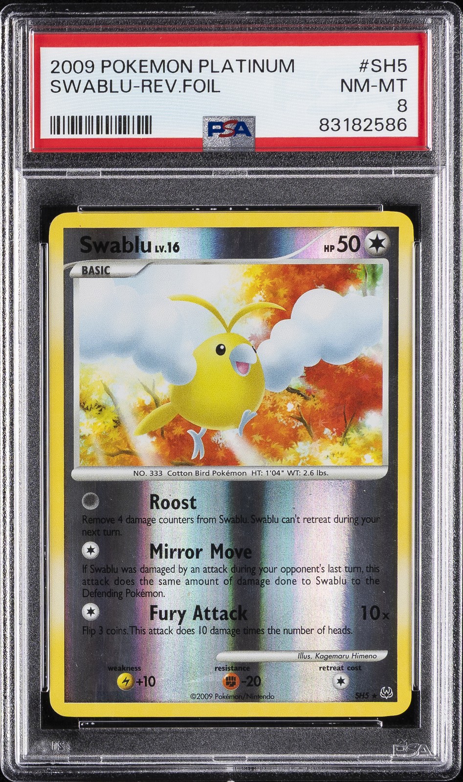 2009 POKEMON PLATINUM #SH5 SWABLU-REVERSE FOIL PSA 8 - Image 1
