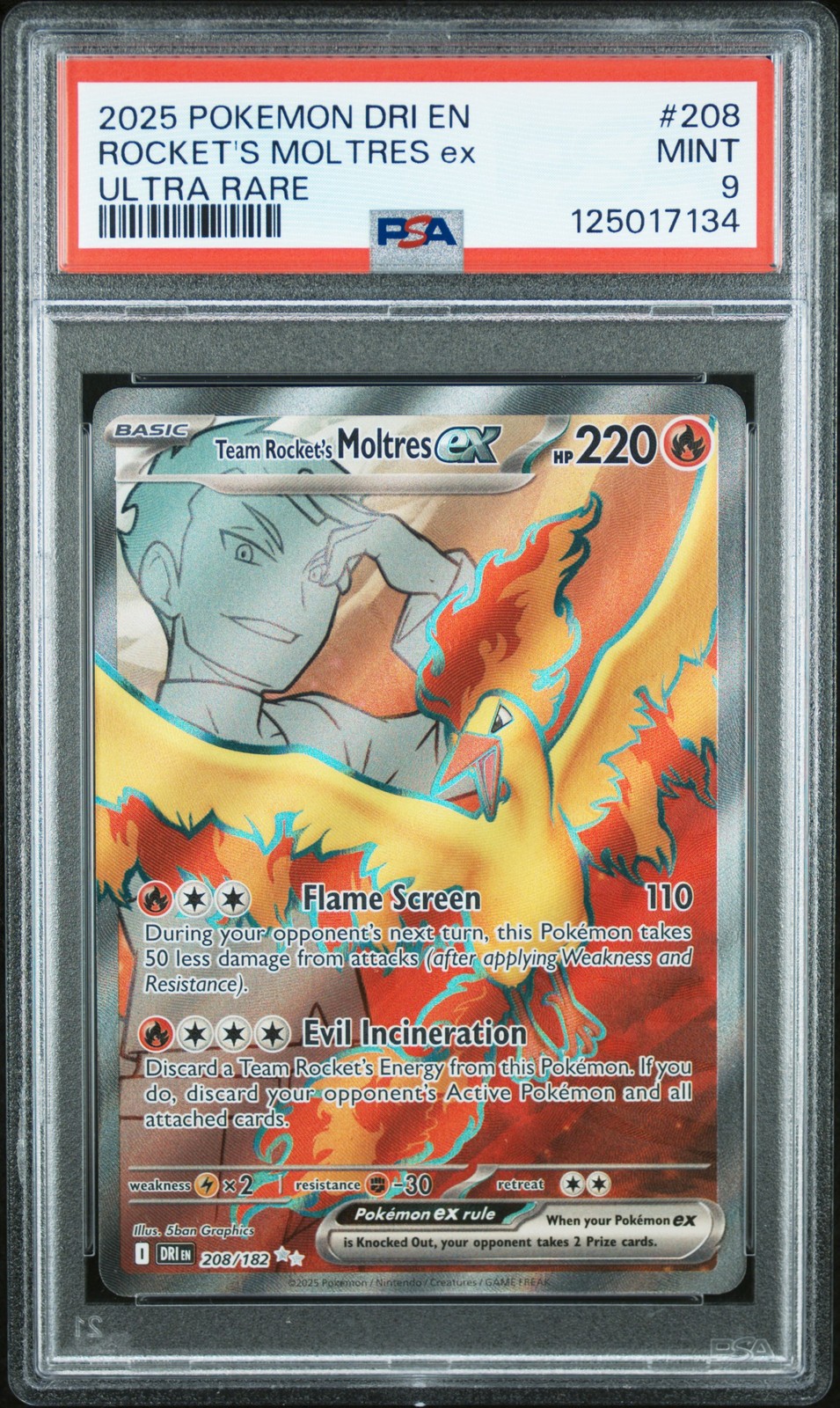 2025 POKEMON DRI EN-DESTINED RIVALS ULTRA RARE TEAM ROCKET'S MOLTRES EX PSA 9 - Image 1