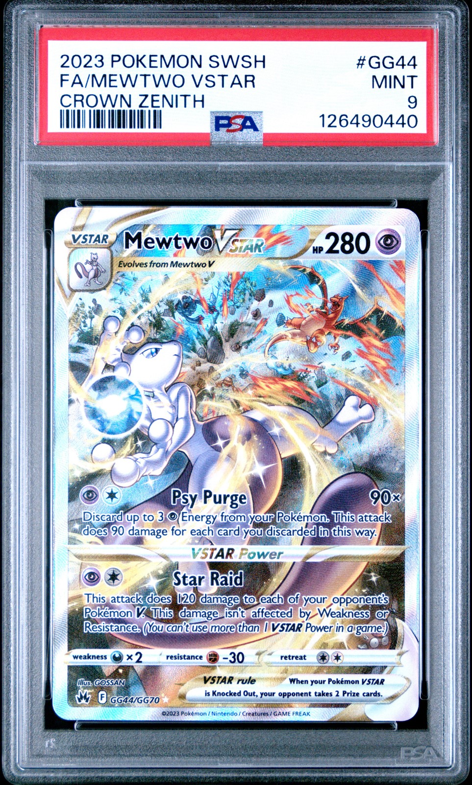 2023 POKEMON SWORD & SHIELD CROWN ZENITH #GG44 FULL ART/MEWTWO VSTAR PSA 9 - Image 1
