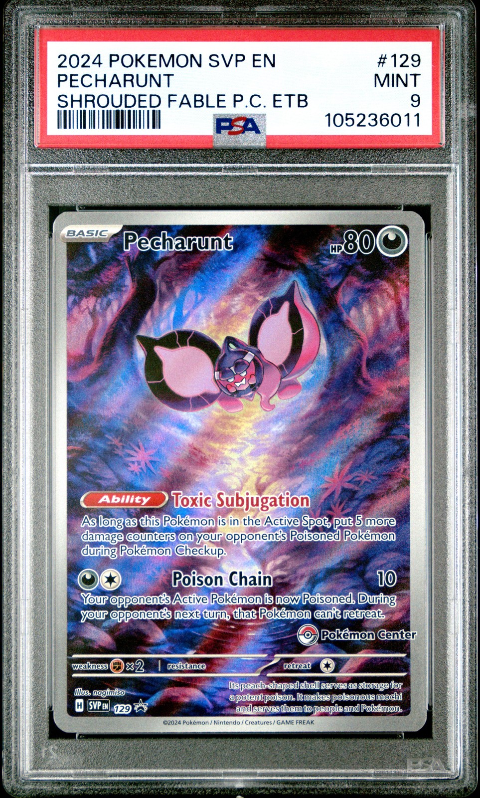 2024 POKEMON SHROUDED FABLE POKEMON CENTER ETB PROMO #129 PECHARUNT PSA 9 - Image 1
