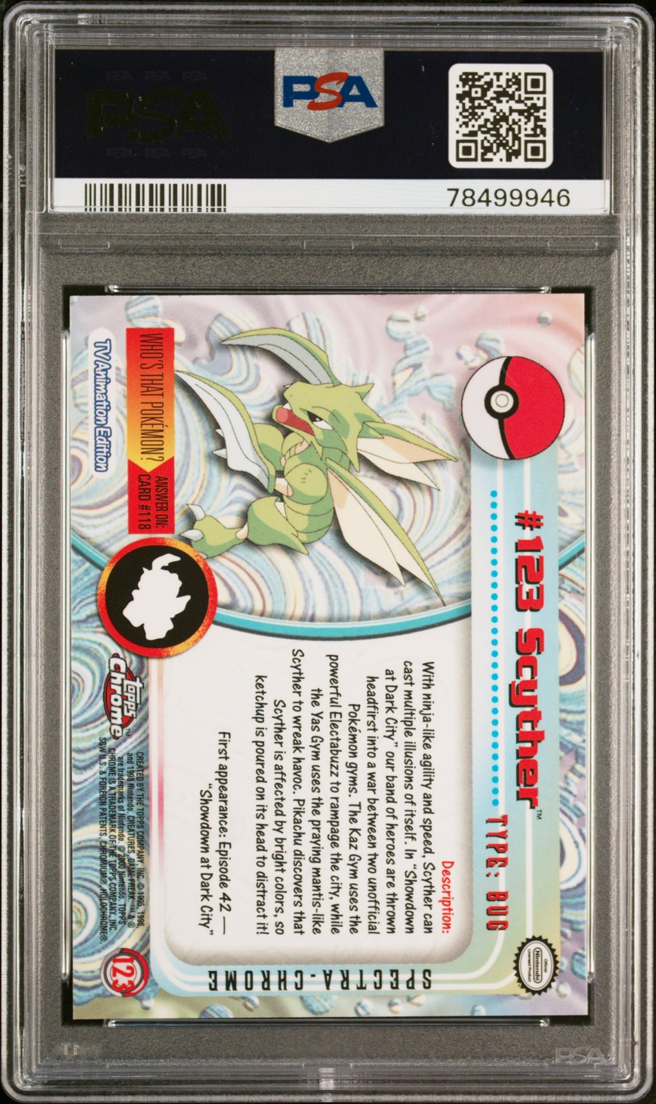 2000 TOPPS CHROME POKEMON T.V. SPECTRA #123 SCYTHER PSA 10 - Image 3