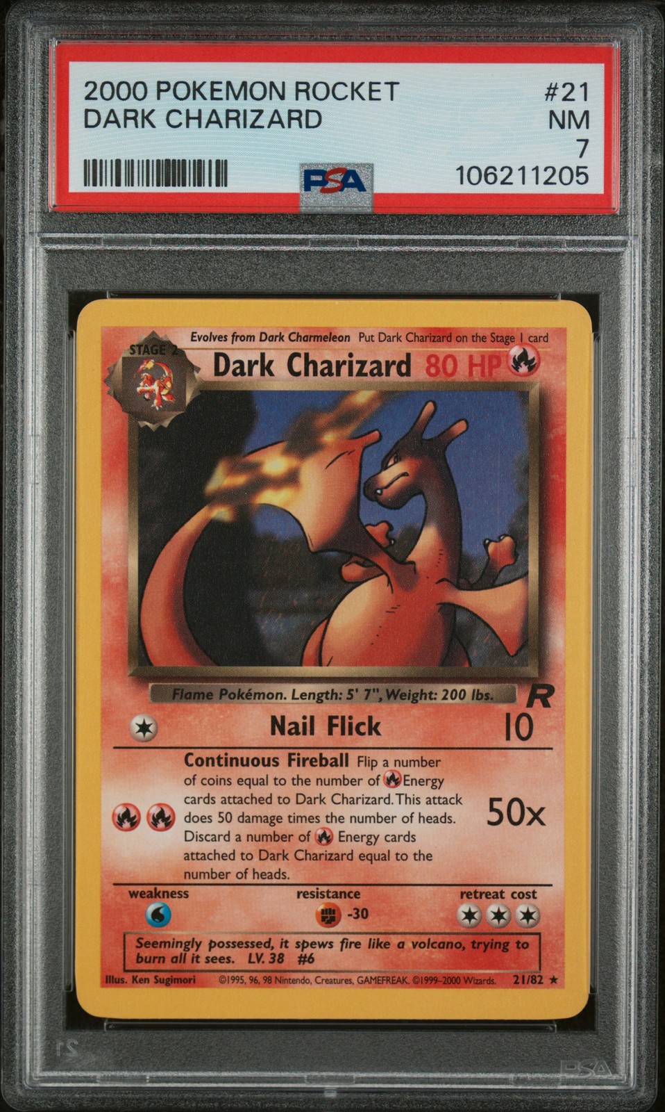 2000 POKEMON ROCKET #21 DARK CHARIZARD PSA 7
