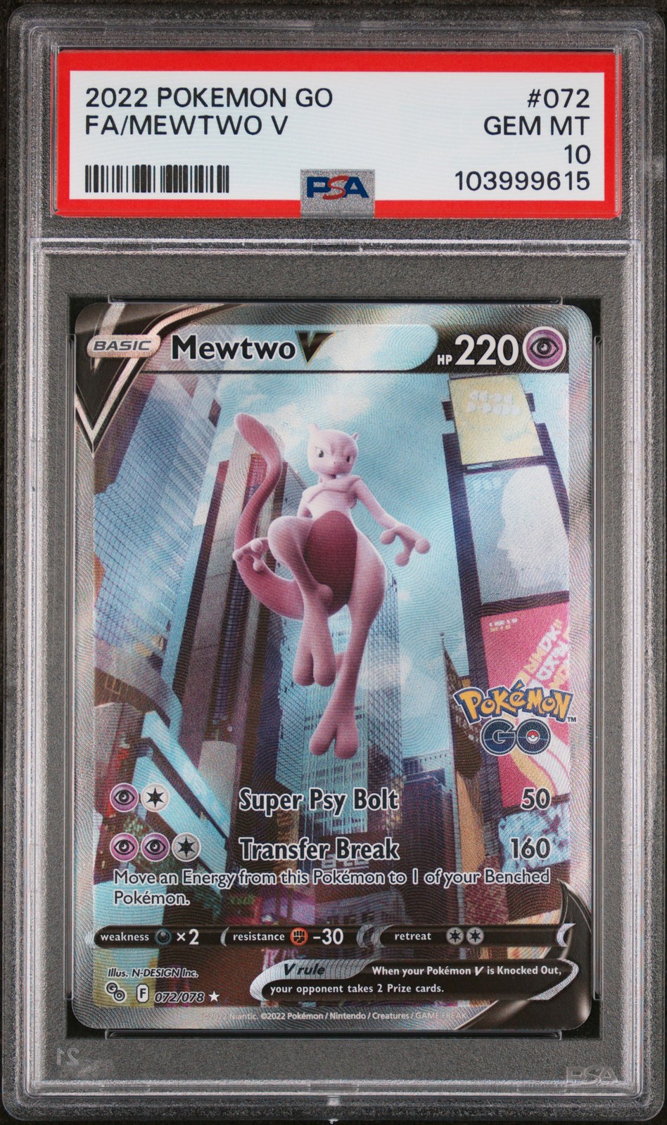 2022 POKEMON GO #072 FULL ART/MEWTWO V PSA 10 - Image 1