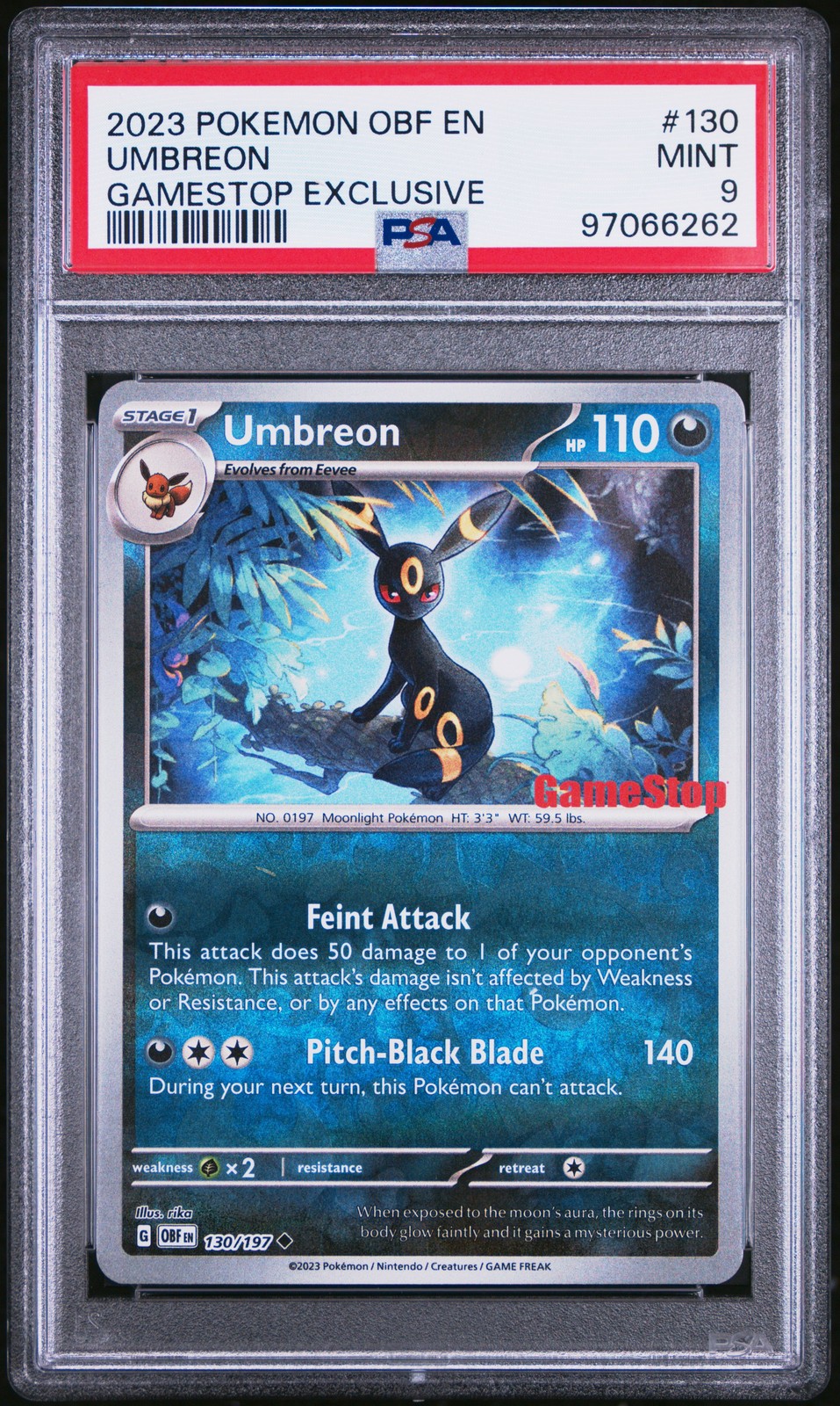 2023 POKEMON OBF EN-OBSIDIAN FLAMES GAMESTOP EXCLUSIVE #130 UMBREON PSA 9 - Image 1