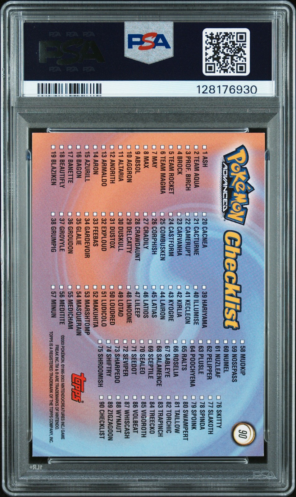 2003 TOPPS POKEMON ADVANCED #90 CHECKLIST PSA 9 - Image 3