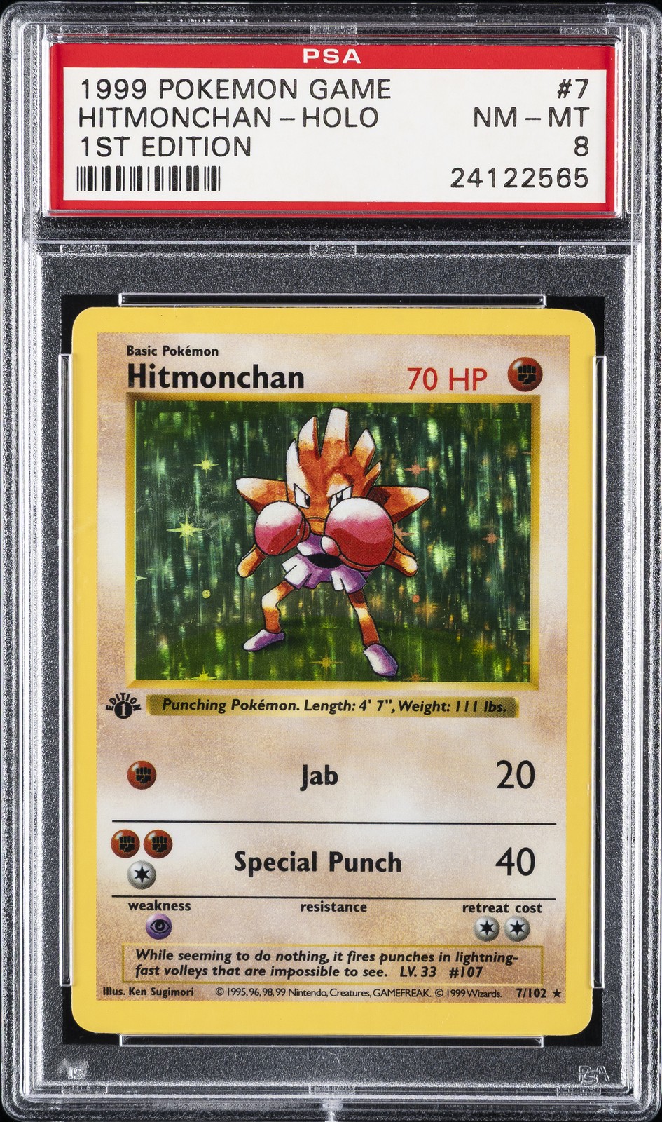 1999 POKEMON GAME 1ST ED #7 HITMONCHAN-HOLO PSA 8 - Image 1