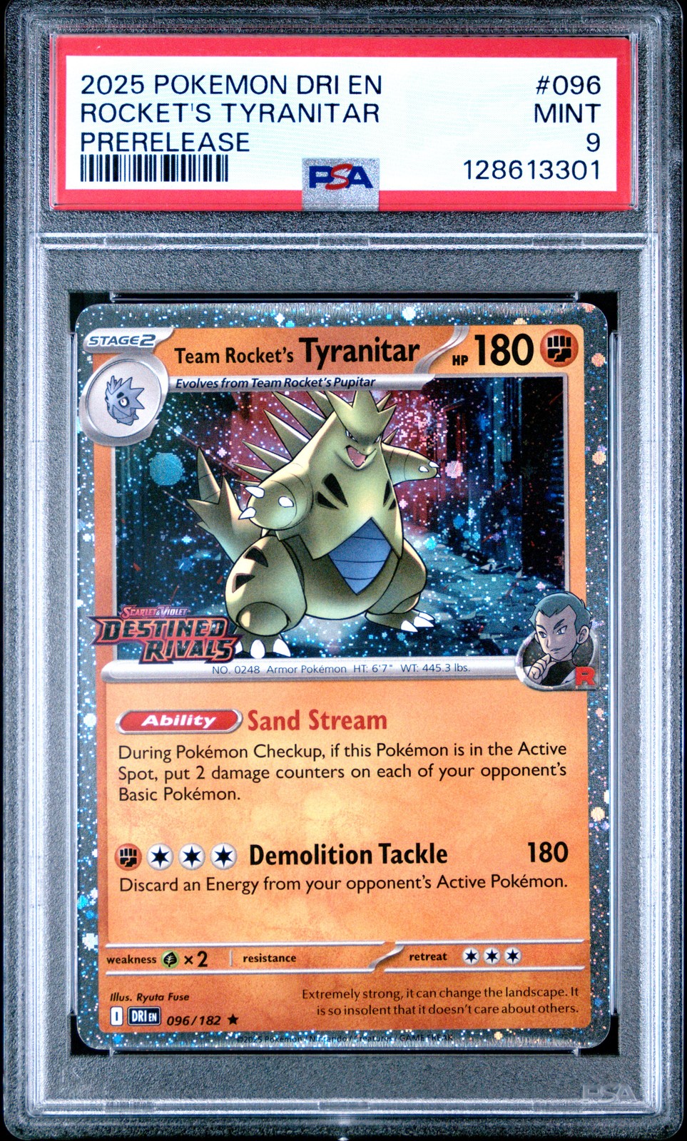 2025 POKEMON DRI EN-DESTINED RIVALS PRERELEASE TEAM ROCKET'S TYRANITAR PSA 9 - Image 1