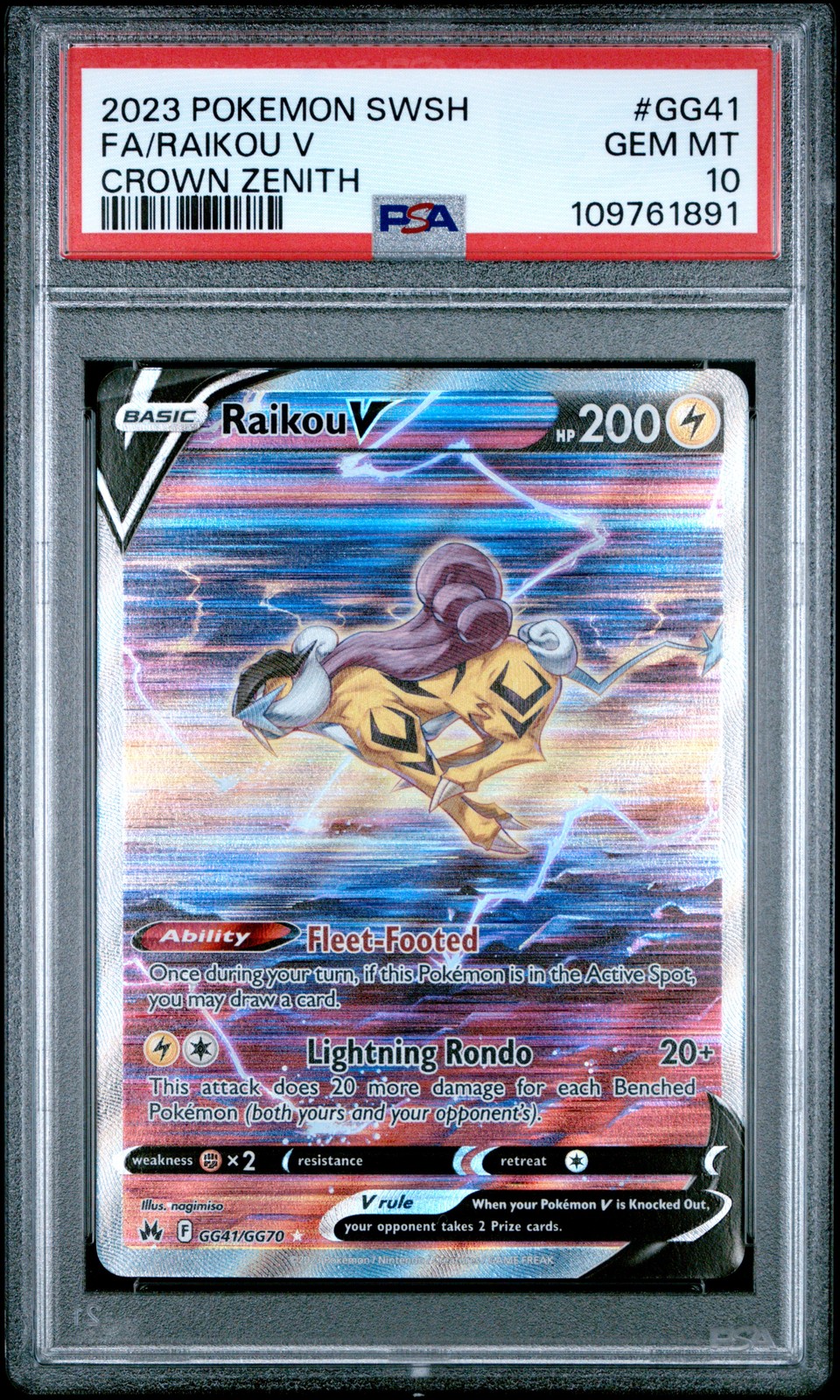 2023 POKEMON SWORD & SHIELD CROWN ZENITH #GG41 FULL ART/RAIKOU V PSA 10 - Image 1
