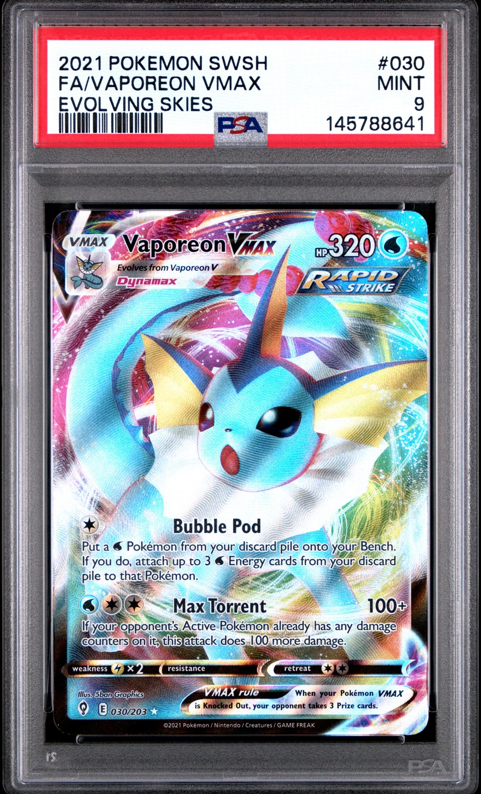 2021 POKEMON SWORD & SHIELD EVOLVING SKIES #030 FULL ART/VAPOREON VMAX PSA 9