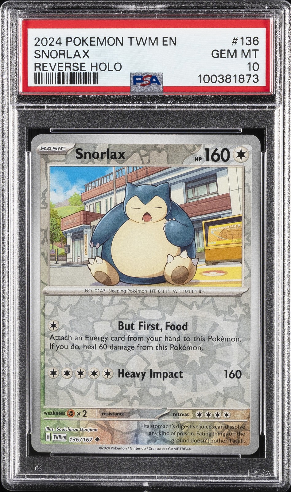2024 POKEMON TWM EN-TWILIGHT MASQUERADE REVERSE HOLO #136 SNORLAX PSA 10 - Image 1