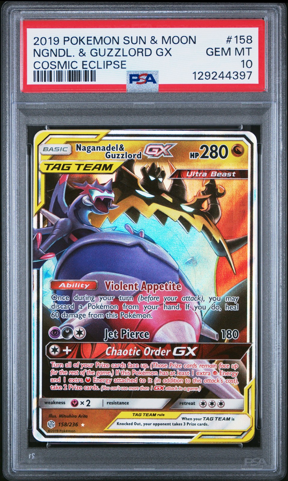 2019 POKEMON SUN & MOON COSMIC ECLIPSE #158 NAGANADEL & GUZZLORD GX PSA 10 - Image 1