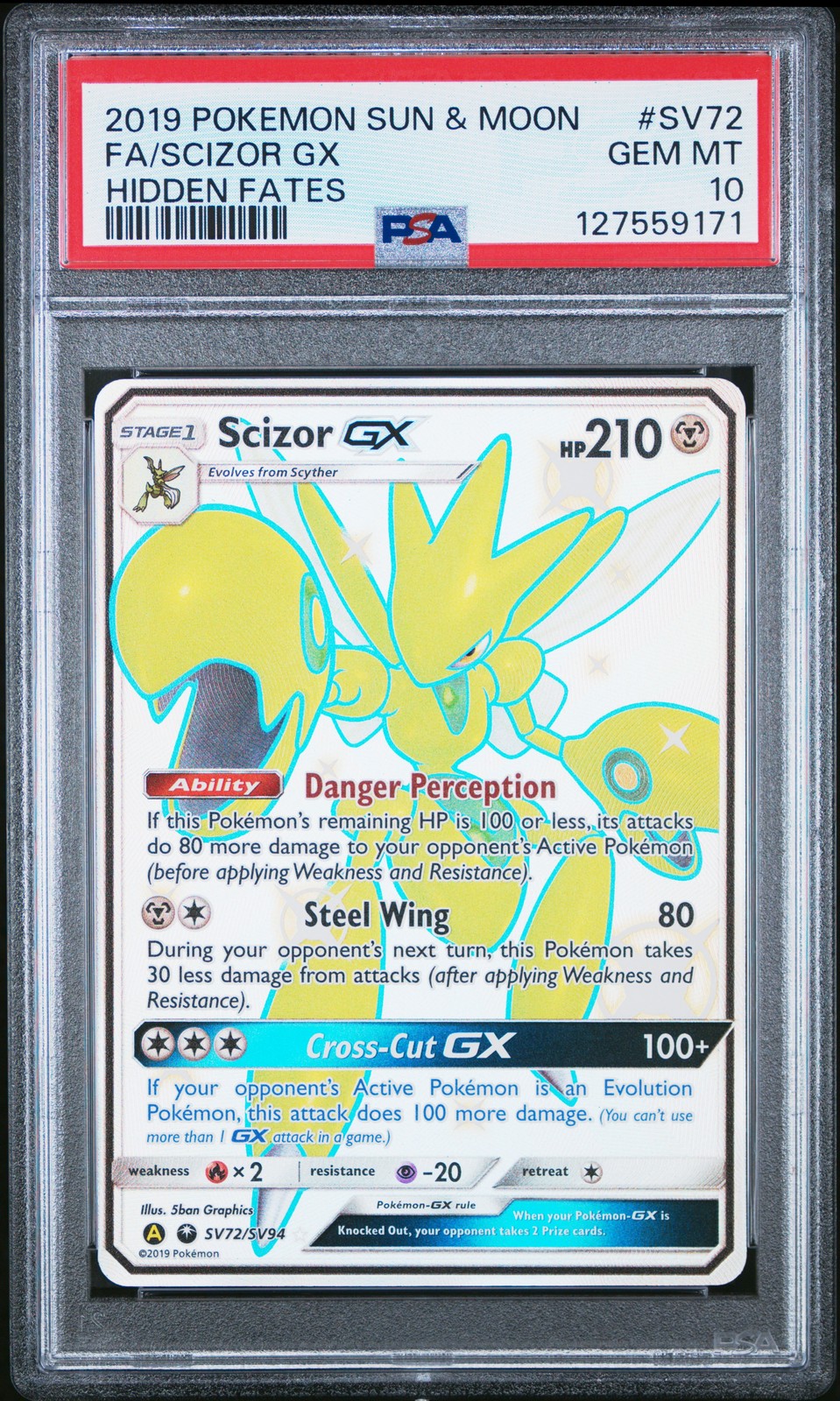 2019 POKEMON SUN & MOON HIDDEN FATES #SV72 FULL ART/SCIZOR GX PSA 10 - Image 1