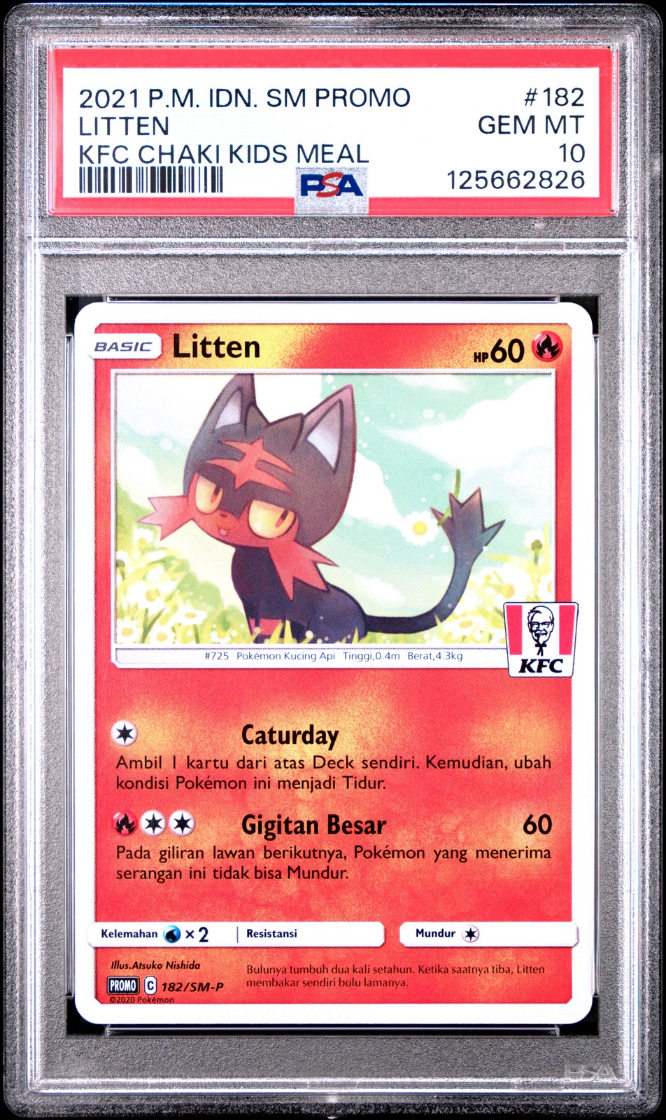 2021 POKEMON INDONESIAN SM PROMO KFC CHAKI KIDS MEAL #182 LITTEN PSA 10 - Image 1