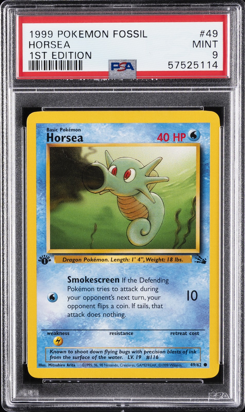 1999 POKEMON FOSSIL 1ST ED #49 HORSEA PSA 9