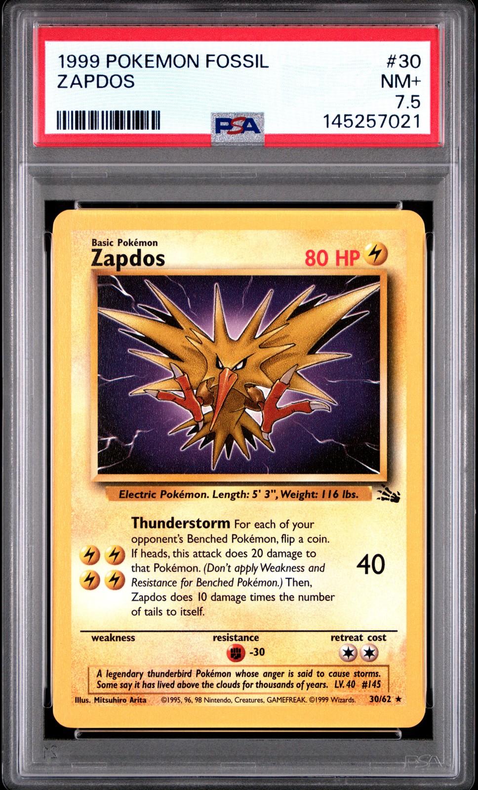 1999 POKEMON FOSSIL #30 ZAPDOS PSA 7.5