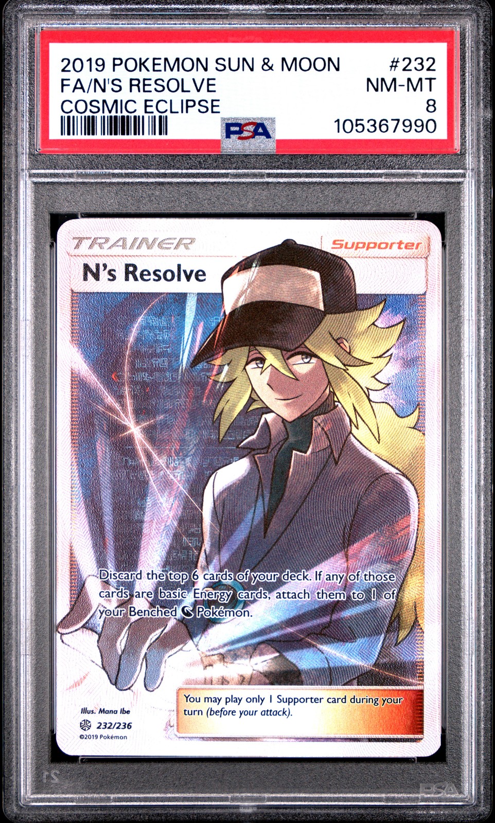 2019 POKEMON SUN & MOON COSMIC ECLIPSE #232 FULL ART/N'S RESOLVE PSA 8 - Image 1