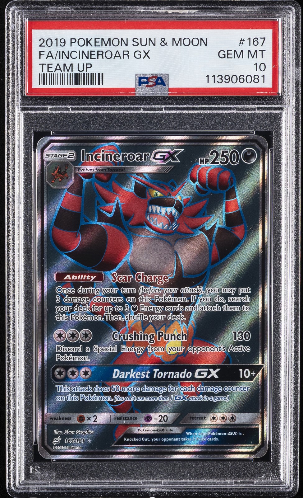 2019 POKEMON SUN & MOON TEAM UP #167 FULL ART/INCINEROAR GX PSA 10 - Image 1