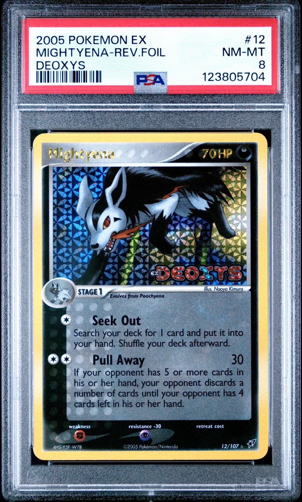 2005 POKEMON EX DEOXYS #12 MIGHTYENA-REVERSE FOIL PSA 8 - Image 1